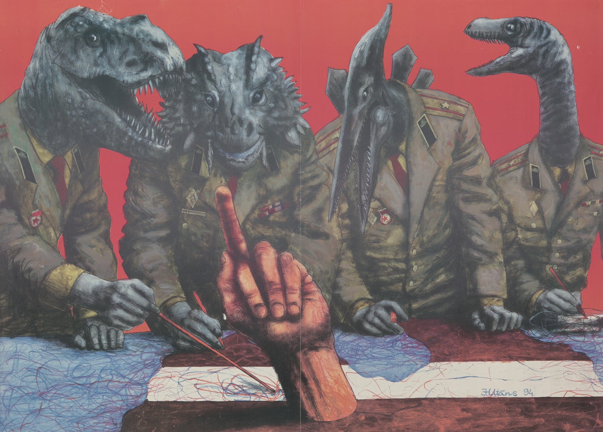Juris Utāns. Page from the newspaper 'For You'. Dinosaurs in Uniforms